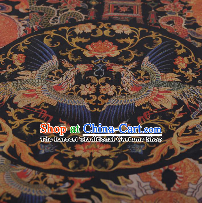 Traditional Chinese Satin Classical Phoenix Pattern Design Navy Watered Gauze Brocade Fabric Asian Silk Fabric Material