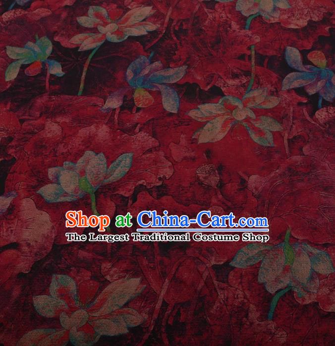 Traditional Chinese Satin Classical Lotus Pattern Design Wine Red Watered Gauze Brocade Fabric Asian Silk Fabric Material