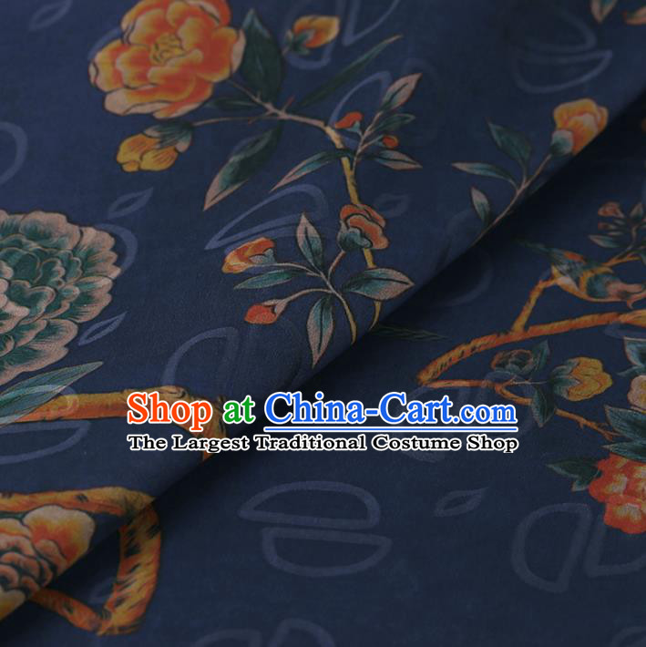 Chinese Traditional Peony Flowers Pattern Design Blue Satin Watered Gauze Brocade Fabric Asian Silk Fabric Material