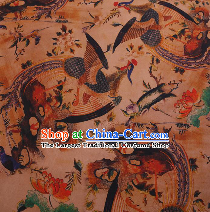 Traditional Chinese Satin Classical Phoenix Lotus Pattern Design Khaki Watered Gauze Brocade Fabric Asian Silk Fabric Material