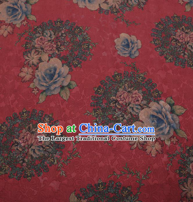 Traditional Chinese Satin Classical Roses Pattern Design Red Watered Gauze Brocade Fabric Asian Silk Fabric Material