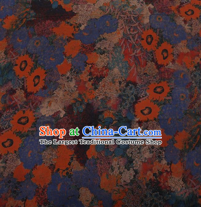 Traditional Chinese Classical Sunflowers Pattern Design Blue Satin Watered Gauze Brocade Fabric Asian Silk Fabric Material