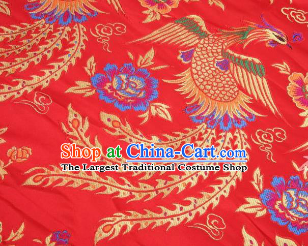 Chinese Classical Phoenix Peony Pattern Design Red Brocade Asian Traditional Hanfu Silk Fabric Tang Suit Fabric Material