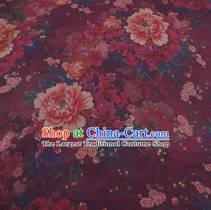 Chinese Traditional Peony Pattern Design Wine Red Satin Watered Gauze Brocade Fabric Asian Silk Fabric Material