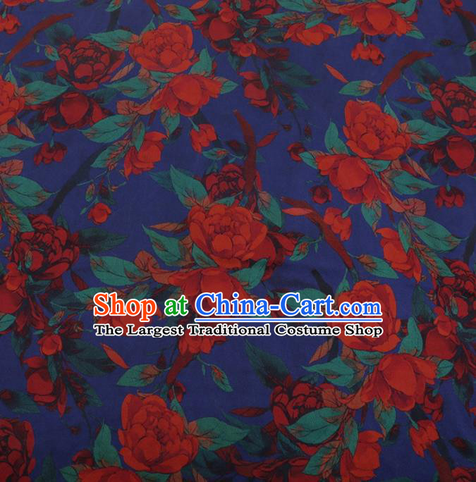 Traditional Chinese Classical Peony Pattern Design Deep Blue Satin Watered Gauze Brocade Fabric Asian Silk Fabric Material