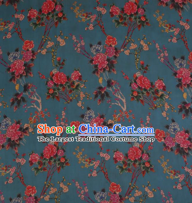 Traditional Chinese Classical Peony Pattern Design Peacock Blue Satin Watered Gauze Brocade Fabric Asian Silk Fabric Material