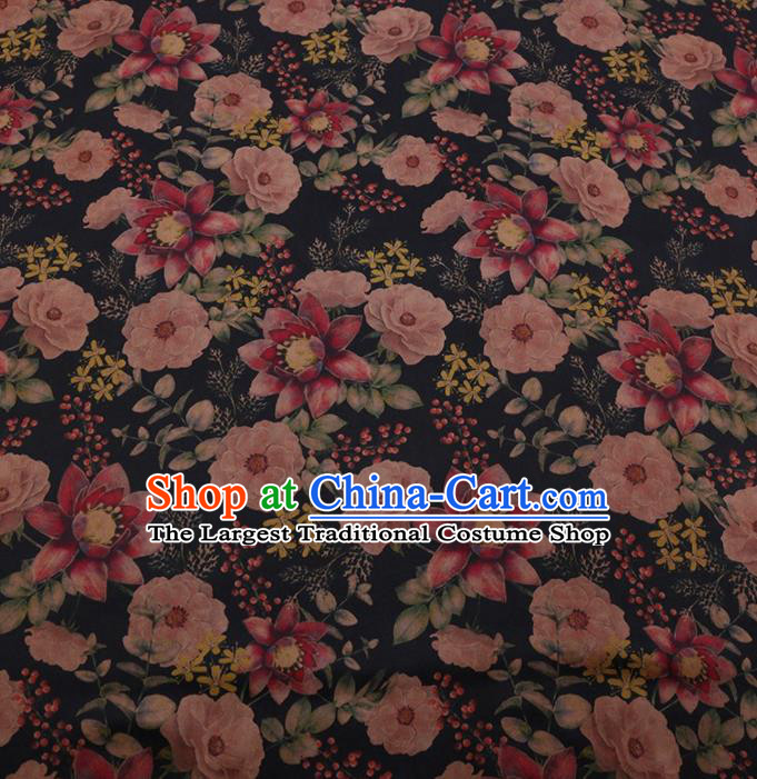 Traditional Chinese Classical Camellia Pattern Design Black Satin Watered Gauze Brocade Fabric Asian Silk Fabric Material