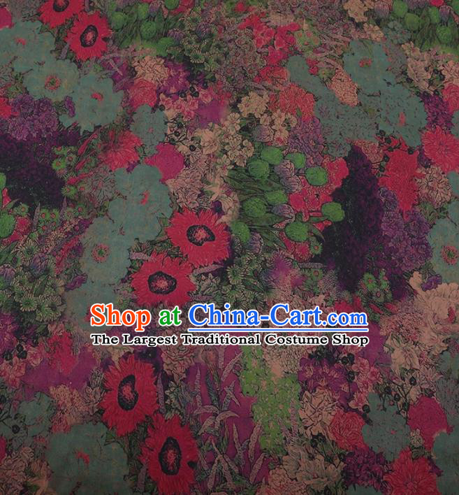 Traditional Chinese Classical Sunflowers Pattern Design Green Satin Watered Gauze Brocade Fabric Asian Silk Fabric Material