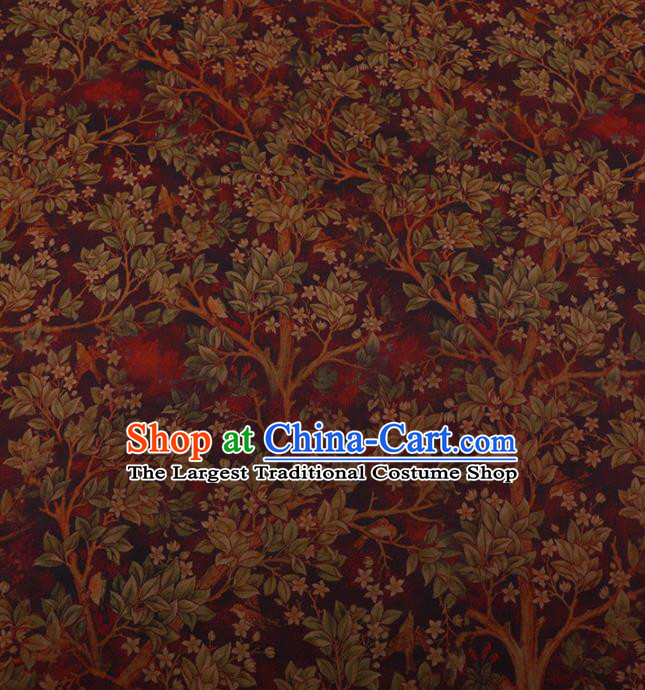 Traditional Chinese Classical Branch Leaf Pattern Design Wine Red Satin Watered Gauze Brocade Fabric Asian Silk Fabric Material