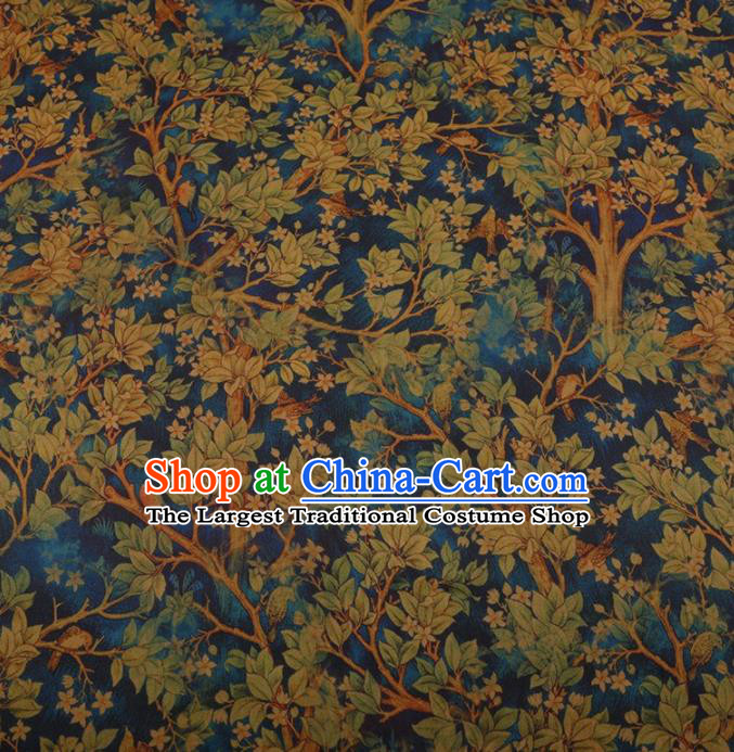 Traditional Chinese Classical Branch Leaf Pattern Design Blue Satin Watered Gauze Brocade Fabric Asian Silk Fabric Material