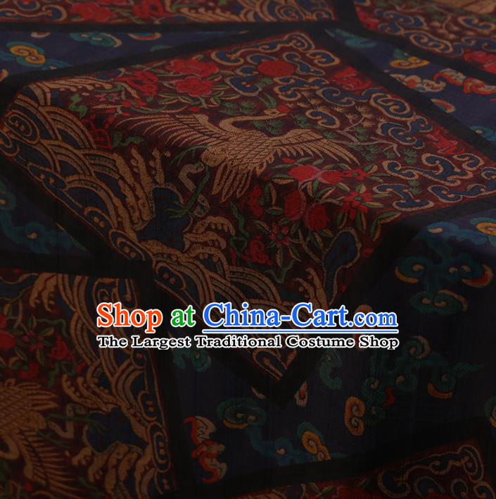 Traditional Chinese Classical Cranes Pattern Design Navy Satin Watered Gauze Brocade Fabric Asian Silk Fabric Material