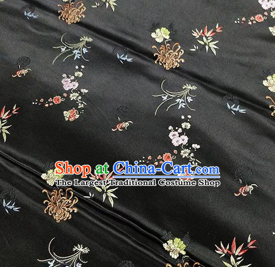 Traditional Chinese Classical Plum Orchid Bamboo Chrysanthemum Pattern Design Fabric Black Brocade Tang Suit Satin Drapery Asian Silk Material