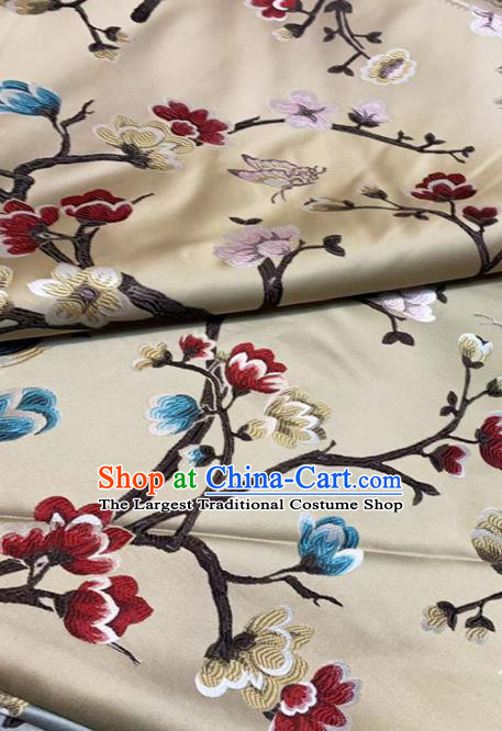 Traditional Chinese Classical Peach Blossom Pattern Design Golden Brocade Satin Drapery Asian Tang Suit Silk Fabric Material