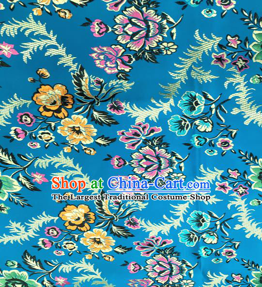 Traditional Chinese Royal Peony Pattern Design Blue Brocade Classical Satin Drapery Asian Tang Suit Silk Fabric Material