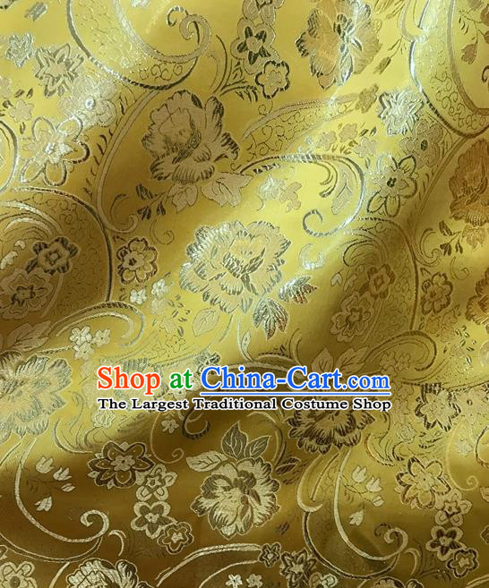 Asian Chinese Cheongsam Golden Satin Classical Peony Pattern Design Brocade Fabric Traditional Drapery Silk Material