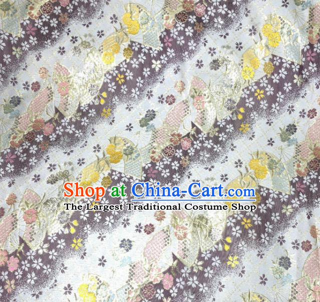 Asian Japanese Kimono Fabric Classical Fan Pattern Design White Brocade Traditional Drapery Silk Material