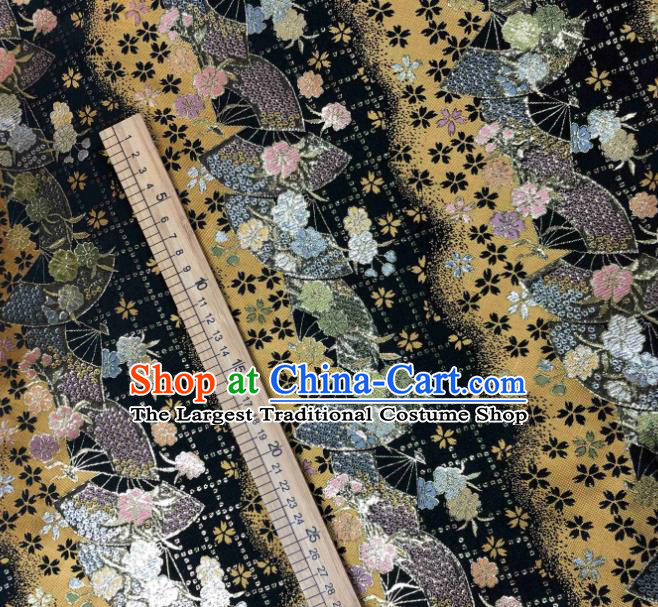 Asian Japanese Kimono Fabric Classical Fan Pattern Design Golden Brocade Traditional Drapery Silk Material