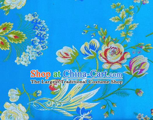 Asian Chinese Fabric Blue Satin Classical Flowers Bird Pattern Design Brocade Traditional Drapery Silk Material