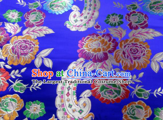 Asian Chinese Classical Roses Pattern Design Royalblue Satin Fabric Brocade Traditional Drapery Silk Material