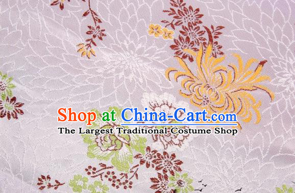 Asian Chinese Classical Peony Chrysanthemum Pattern Design White Satin Fabric Brocade Traditional Drapery Silk Material