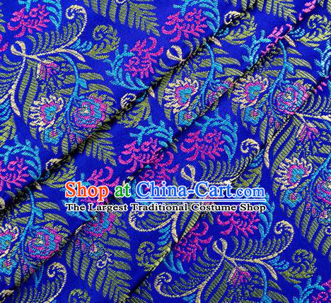 Asian Chinese Classical Cycas Flowers Pattern Design Royalblue Satin Fabric Brocade Traditional Drapery Silk Material