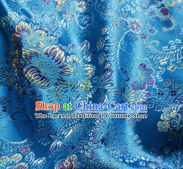 Asian Chinese Classical Flowers Pattern Design Lake Blue Satin Fabric Brocade Traditional Drapery Silk Material