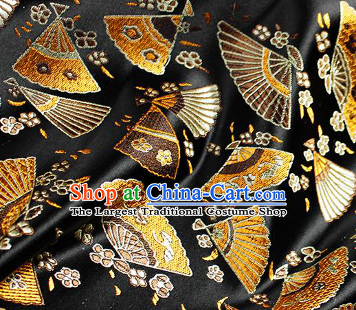 Asian Japanese Classical Fans Pattern Design Black Brocade Kimono Satin Fabric Damask Traditional Drapery Silk Material