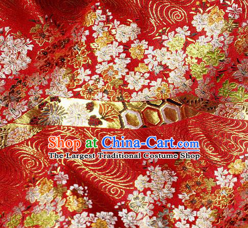 Asian Japanese Classical Sakura Pattern Design Red Brocade Kimono Satin Fabric Damask Traditional Drapery Silk Material