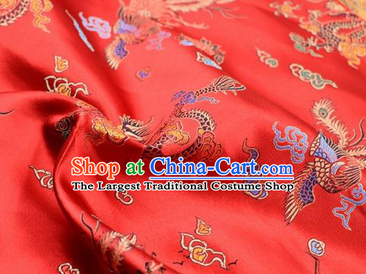 Asian Chinese Classical Dragon Phoenix Pattern Design Red Satin Fabric Brocade Traditional Drapery Silk Material