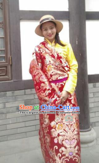 Chinese Traditional Zang Nationality Female Dress Red Tibetan Robe Ethnic Dance Costume for Women