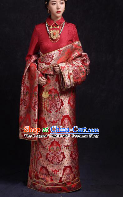 Chinese Traditional Ethnic Bride Red Tibetan Robe Zang Nationality Female Dress Costume for Women