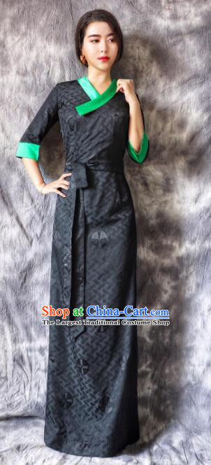 Chinese Traditional Ethnic Bride Tibetan Robe Zang Nationality Female Navy Dress Costume for Women