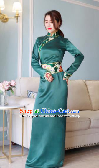 Chinese Traditional Ethnic Bride Tibetan Robe Zang Nationality Female Green Silk Dress Costume for Women