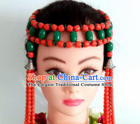 Chinese Traditional Mongol Nationality Green Beads Tassel Hair Clasp Mongolian Ethnic Dance Headband Accessories for Women