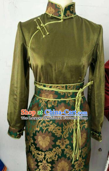 Chinese Traditional Mongolian Ethnic Green Robe Mongol Nationality Female Dress Costume for Women