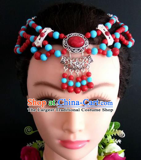 Chinese Traditional Mongol Nationality Beads Tassel Hair Clasp Mongolian Ethnic Dance Headband Accessories for Women