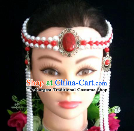 Chinese Traditional Mongol Nationality White Beads Tassel Hair Clasp Mongolian Ethnic Dance Headband Accessories for Women