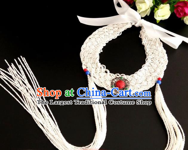 Chinese Traditional Mongol Nationality Weave White Tassel Hair Clasp Mongolian Ethnic Dance Headband Accessories for Women