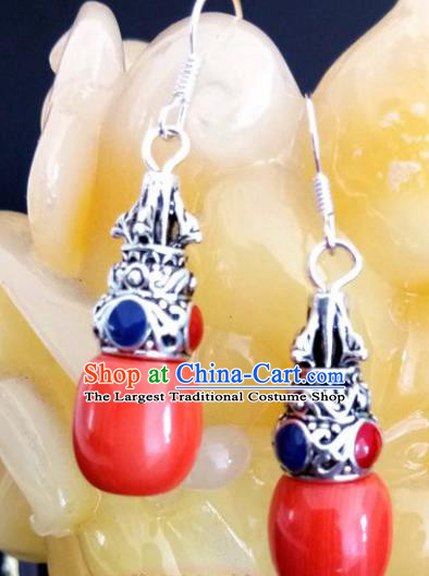 Chinese Traditional Mongol Nationality Red Stone Earrings Mongolian Ethnic Ear Accessories for Women