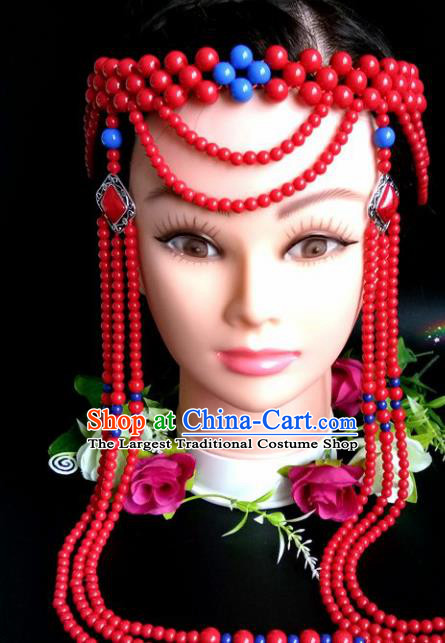 Chinese Traditional Mongol Nationality Red Beads Tassel Hair Clasp Mongolian Ethnic Dance Headband Accessories for Women