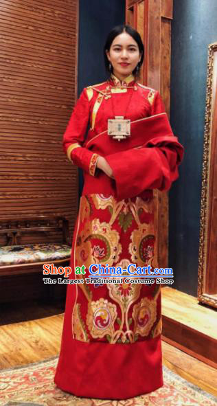 Chinese Traditional Zang Nationality Female Dress Red Tibetan Robe Ethnic Dance Costume for Women