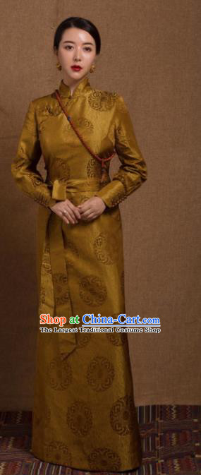 Chinese Traditional Ethnic Golden Tibetan Robe Zang Nationality Female Dress Costume for Women