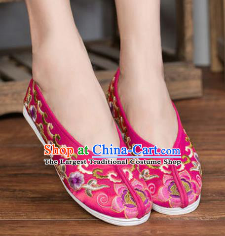 Chinese Embroidered Plum Shoes Traditional Opera Rosy Satin Shoes Wedding Shoes Hanfu Princess Shoes for Women