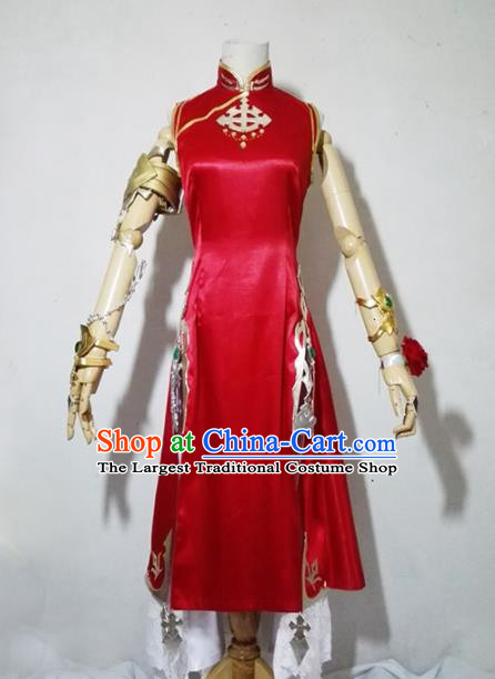 Chinese Traditional Cosplay Female Knight Costume Ancient Swordsman Red Qipao Dress for Women