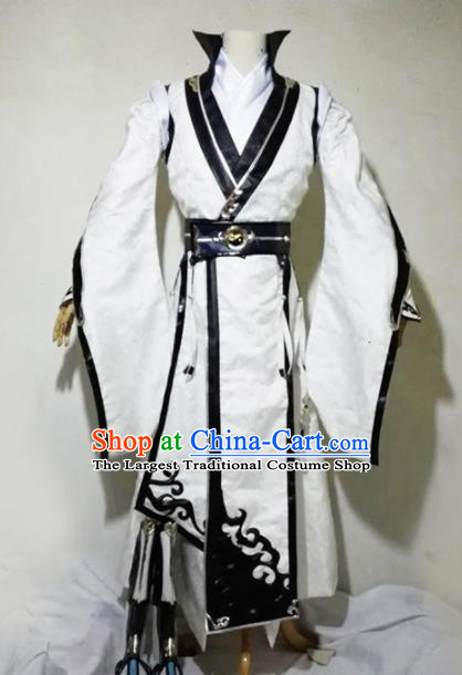 Chinese Traditional Cosplay Taoist Priest Royal Highness White Costume Ancient Swordsman Hanfu Clothing for Men