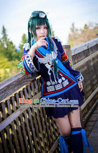 Chinese Traditional Cosplay Young Lady Costume Ancient Female Swordsman Navy Blue Dress for Women