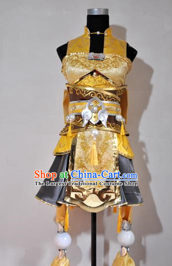 Top Grade Cosplay Fairy Witch Costume Ancient Female Swordsman Golden Dress for Women