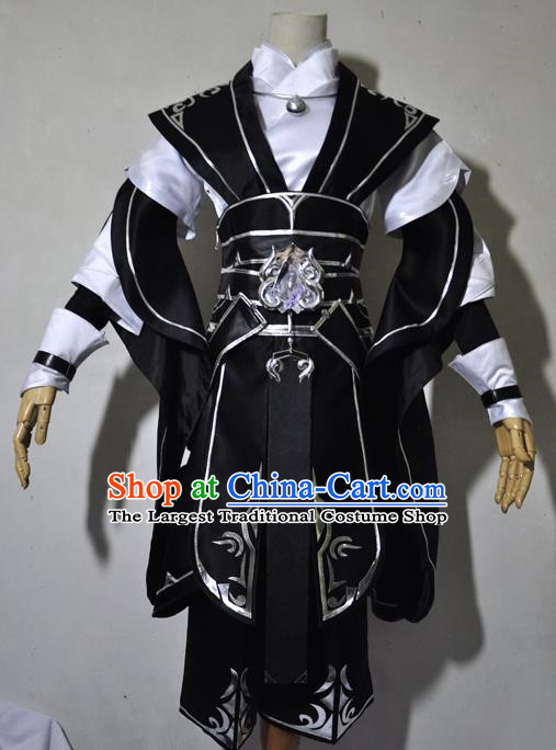 Chinese Traditional Cosplay Young Knight Black Costume Ancient Swordsman Hanfu Clothing for Men