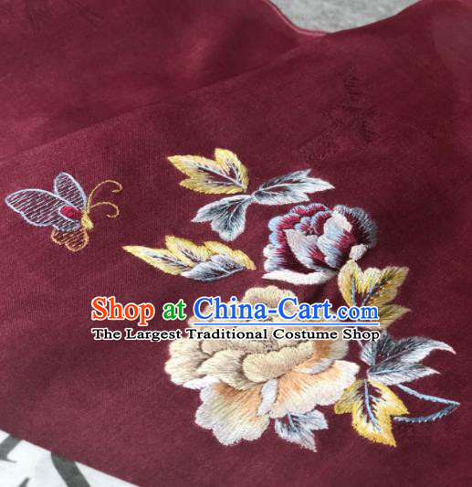 Traditional Chinese Embroidered Peony Wine Red Silk Fabric Classical Pattern Design Brocade Fabric Asian Satin Material