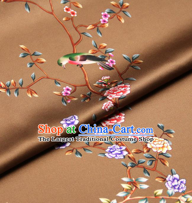 Chinese Traditional Classical Peony Birds Pattern Brown Brocade Damask Asian Satin Drapery Silk Fabric